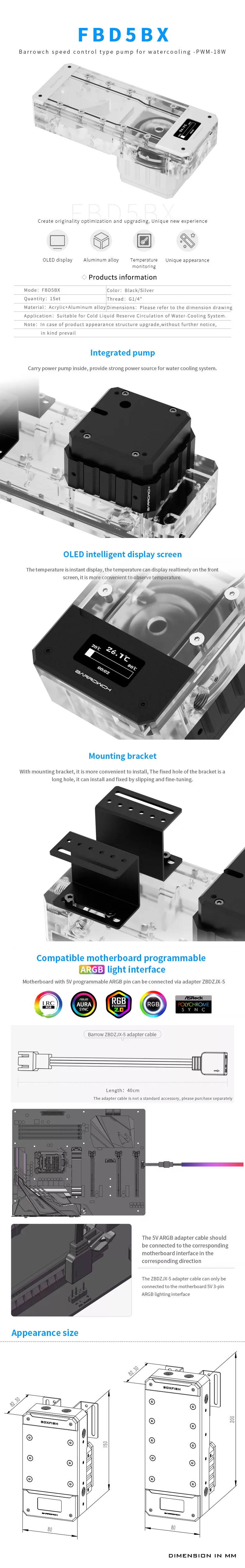Barrowch Boxfish D5 200mm - Réservoir avec Pompe D5 et écran de